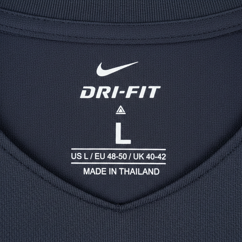 Nike neck label showing size information and Dri-FIT branding