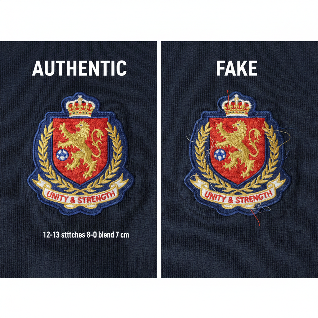 Side-by-side comparison of authentic vs fake club crest stitching