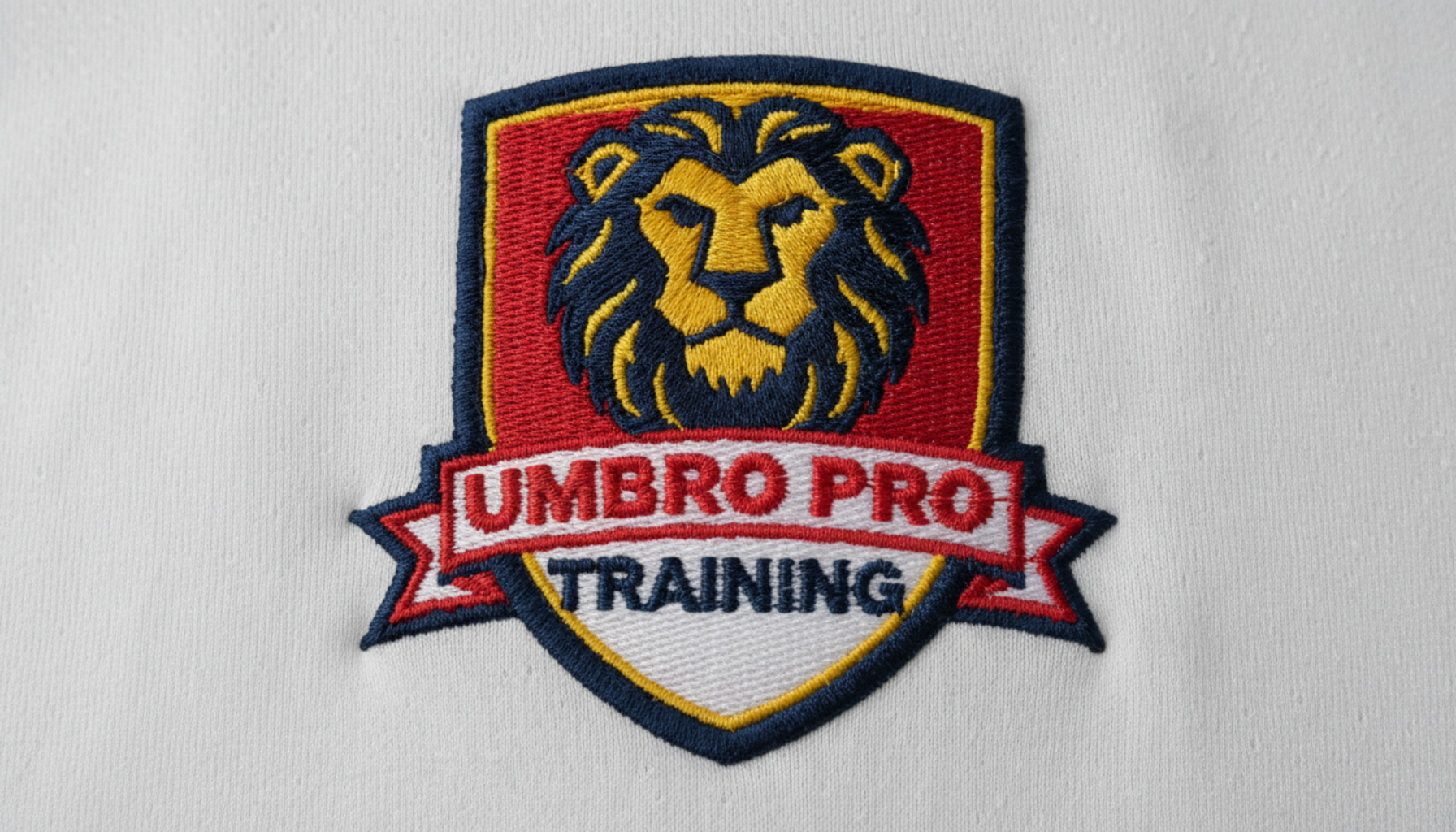 Close-up of embroidered Three Lions crest on vintage Umbro
