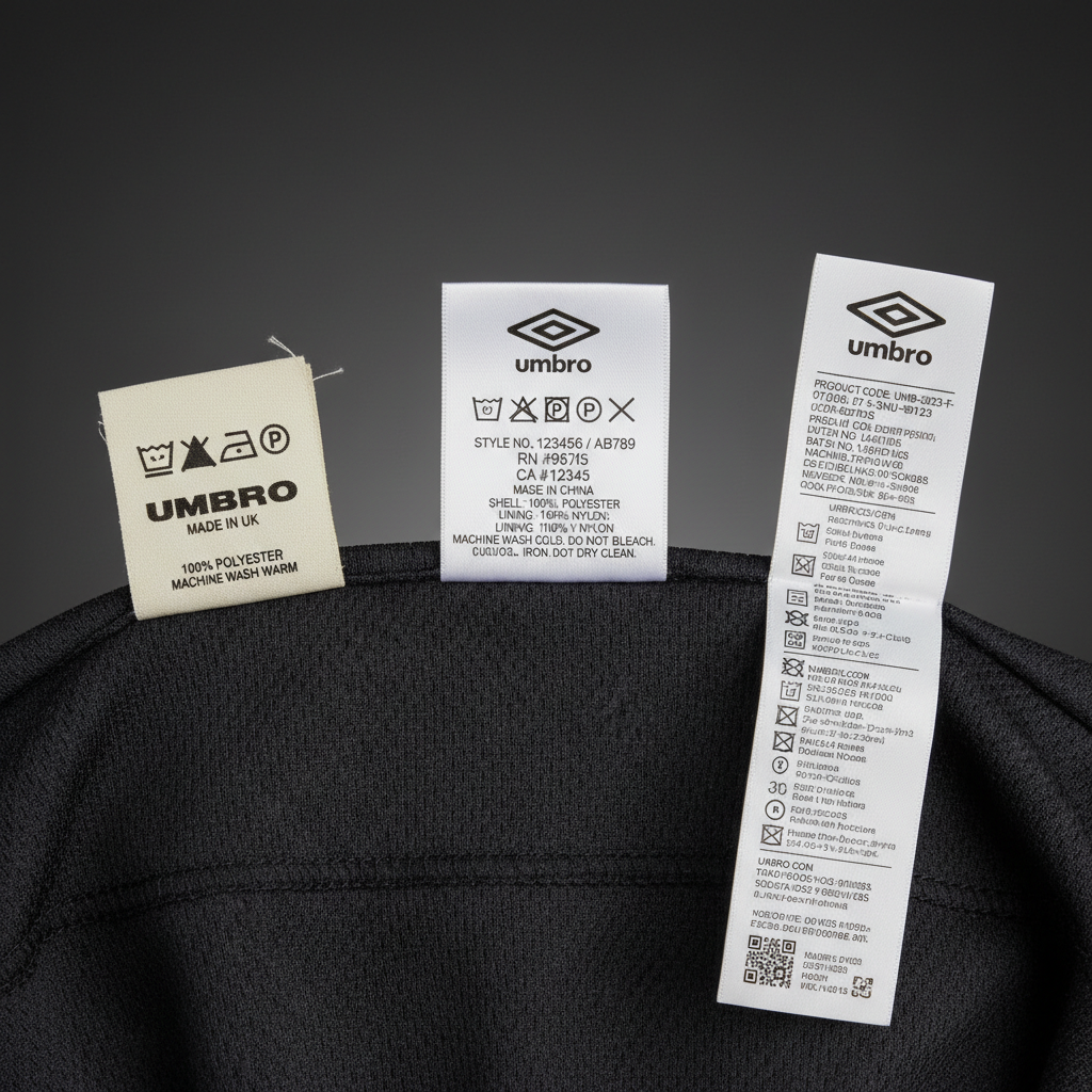 Umbro care label with washing instructions